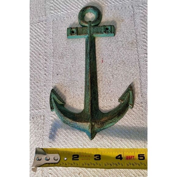 Nautical Anchor Green & Gold Cast Iron Anchor Wall Hanging Decor Beach House - Picture 4 of 4